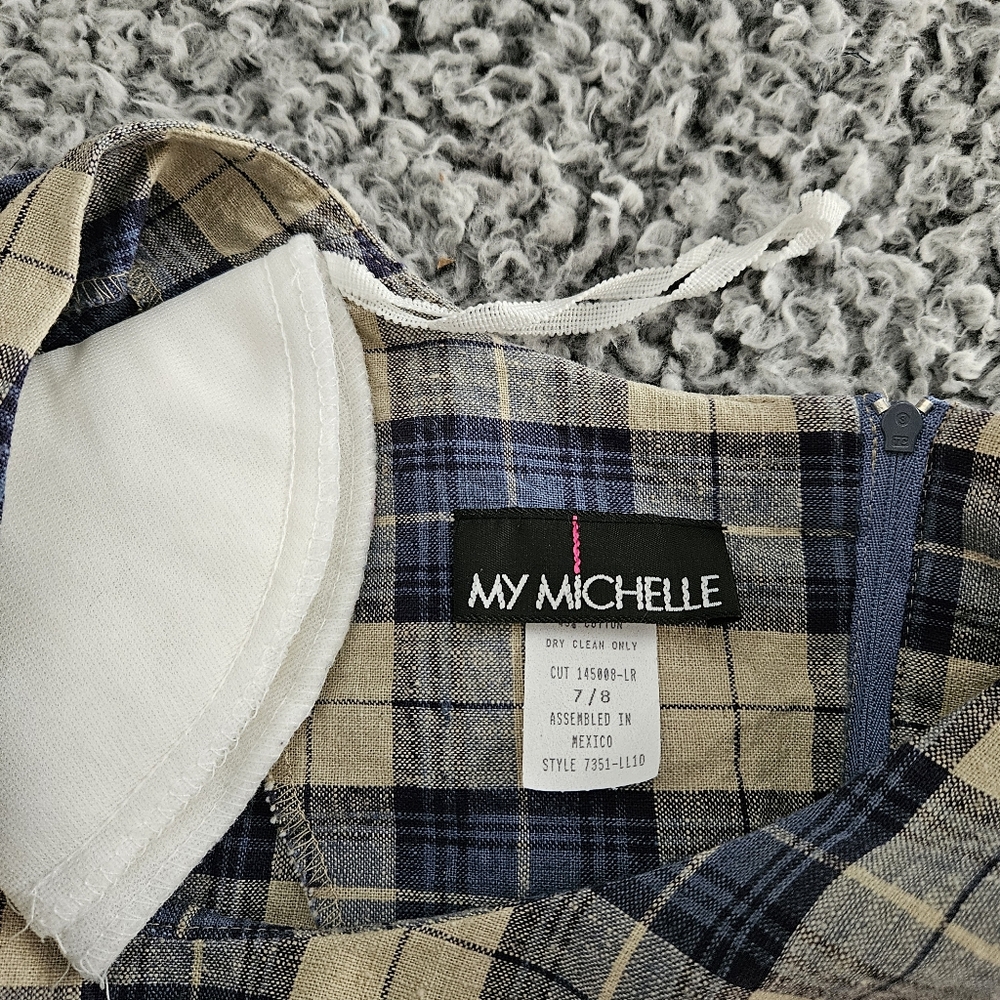 Vintage 90s My Michelle Blue Plaid Mini Dress 7/8 XS Short Sleeve Linen Grunge - Picture 3 of 14